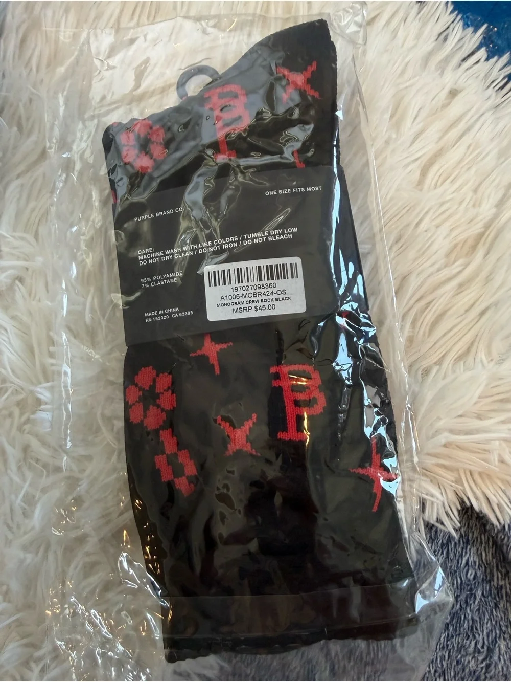 *NEW*OS*Purple* Crew Socks - Black with Red Pattern